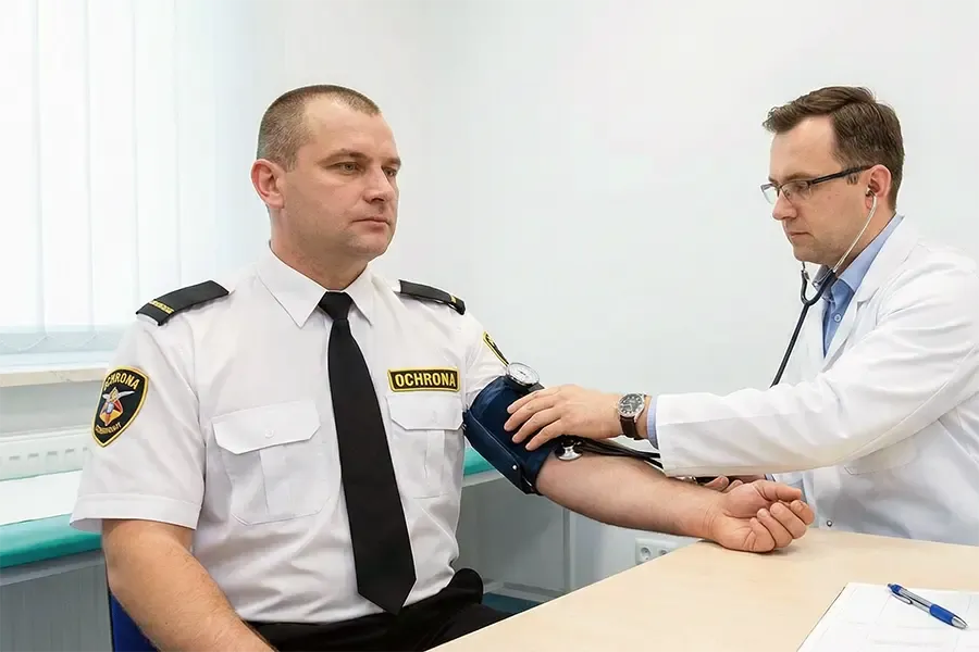 Lekarz mierzy ciśnienie pracownikowi ochrony podczas badania do pozwolenia na broń
